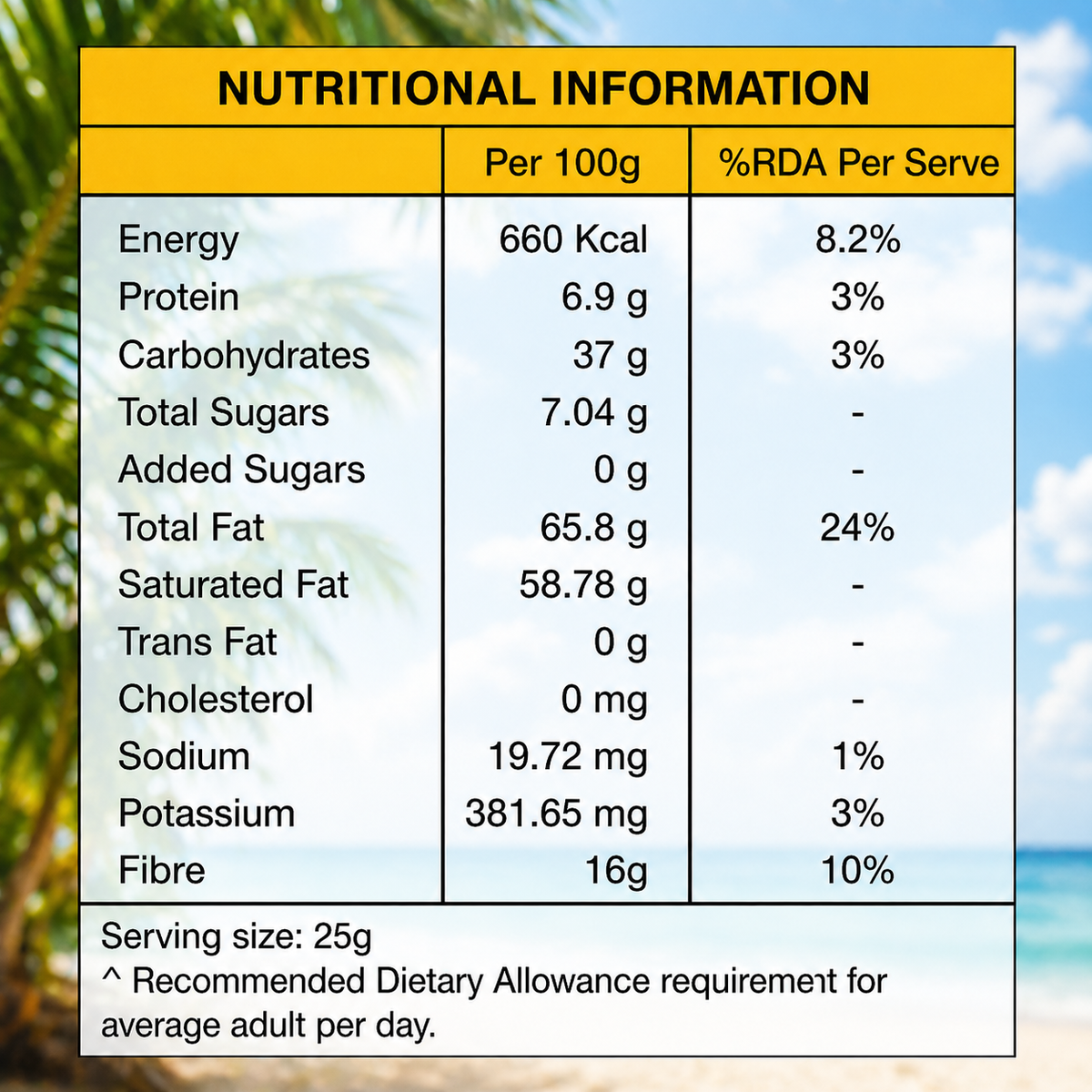 TTB Desiccated Coconut Powder pack – nutrition and ingredient label